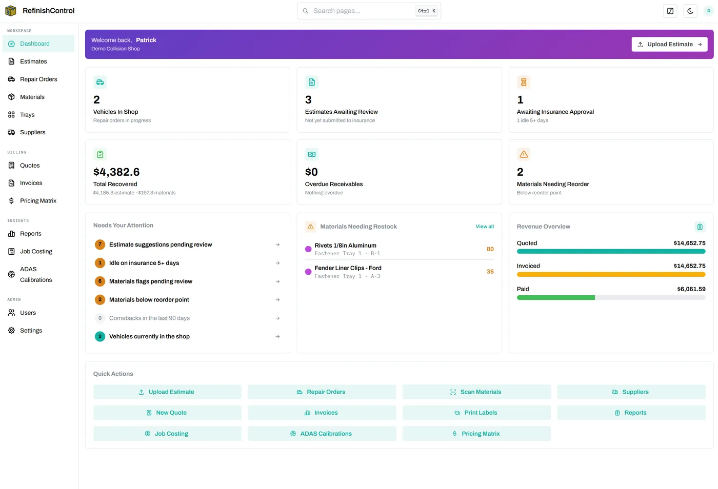 RefinishControl dashboard for a collision repair shop, showing vehicles in shop, estimates awaiting review, and total revenue recovered