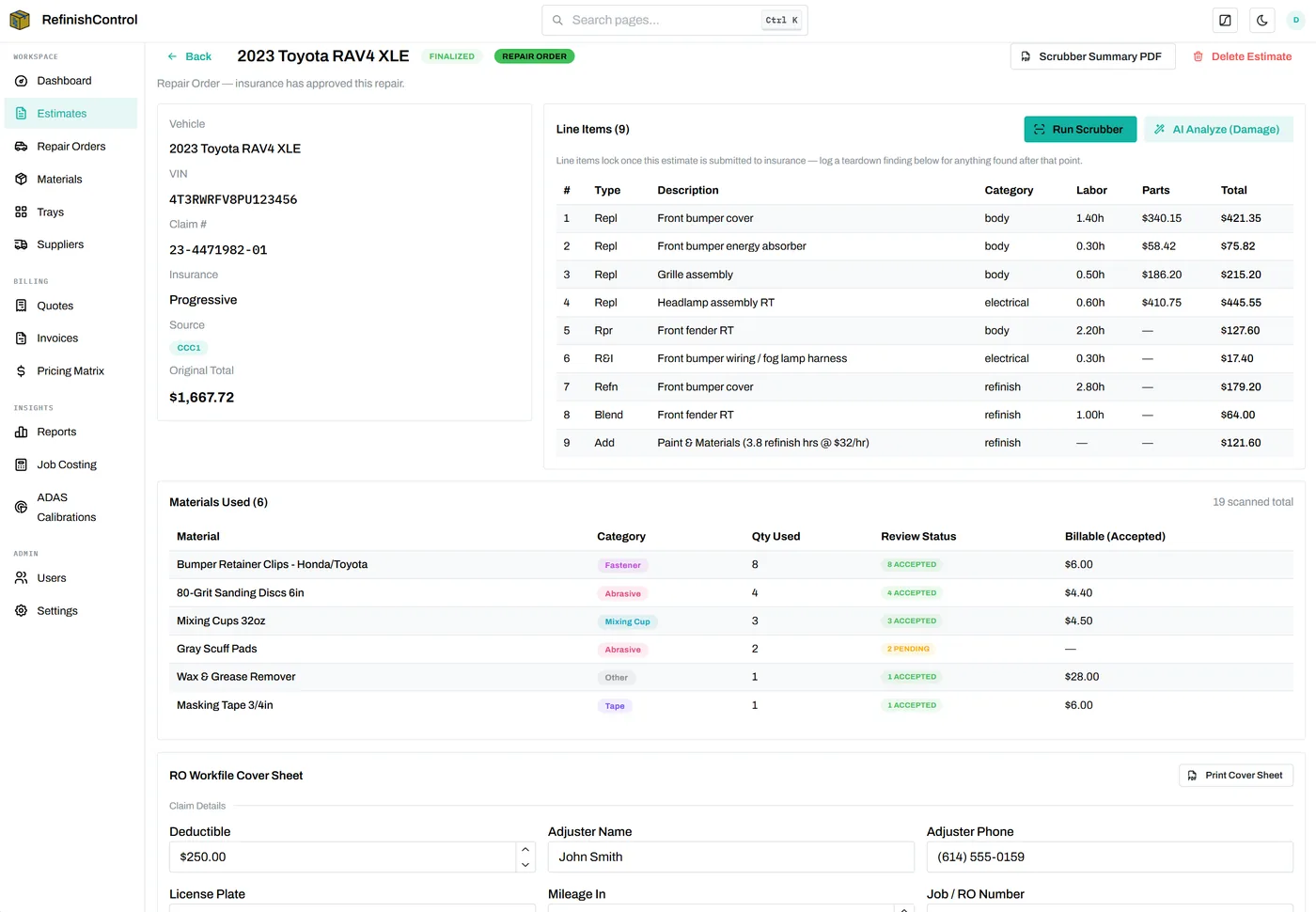 RefinishControl estimate review screen flagging missed billable line items and materials used on a repair order